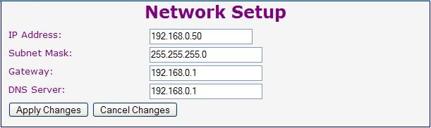 Weather MicroServer 39 Network Setup Network Setup page allows the user to change the IP address, subnet mask, gateway, and DNS Server settings.