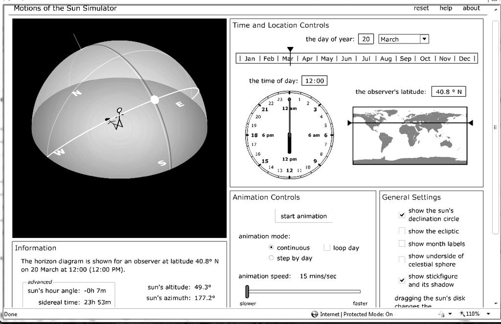 2a. Notice on the screen shot below - on the left hand side below the Sun simulator - the sun s altitude is shown (49.3 degrees) and the suns azimuth (177.2 degrees) almost due south.