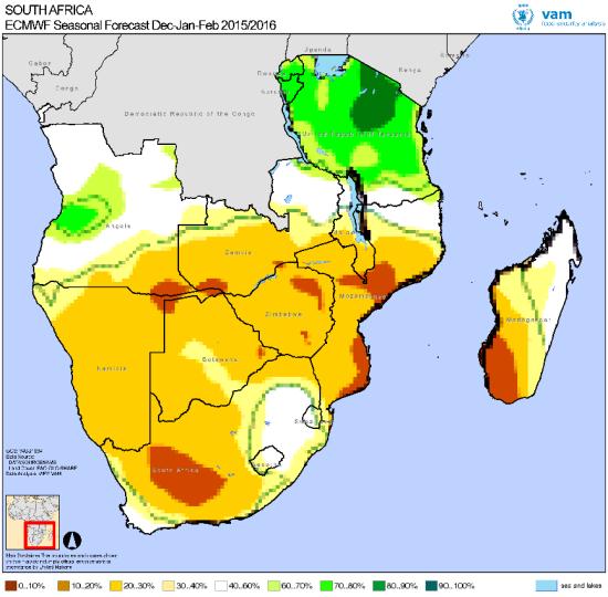 Southern Africa: As if facing a second El Niño Current growing season status Outlook Delays in the start of the season ECMWF forecast for December 2015-February 2016 rainfall : Green shades = wetter