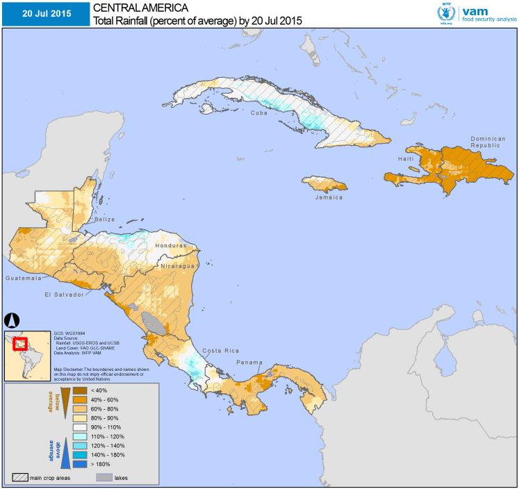 Central America: Poor Primera, average Postrera El Niño 2015 Outcomes Primera, April-August 2015 Primera 2014 and 2015 Postrera, August-December 2015 Seasonal rainfall by end of July 2015 as percent