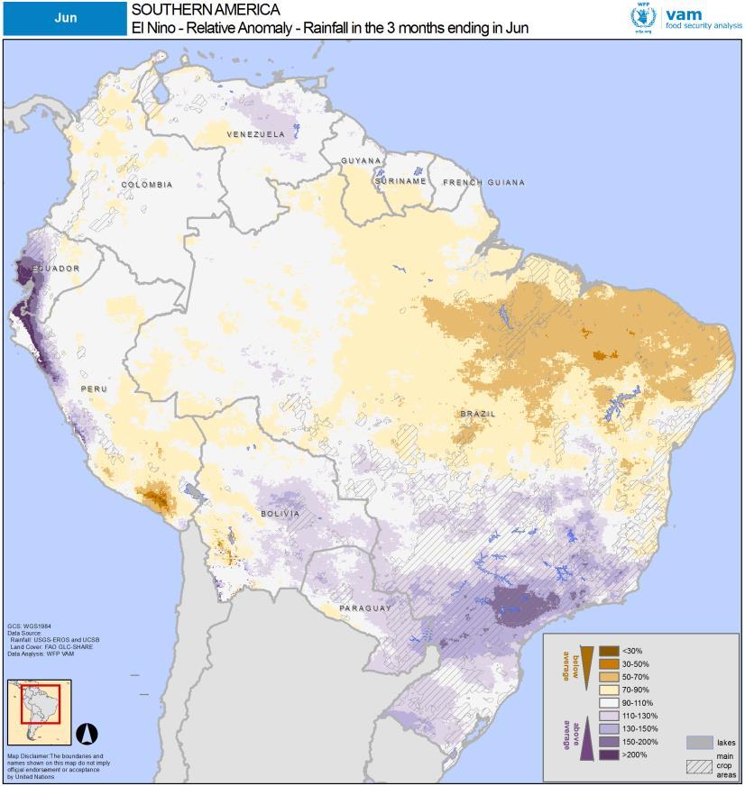 The overall pattern remains broadly similar throughout the season: Northern and NE Brazil usually endure pronounced drier than average conditions which extend to Venezuela and the