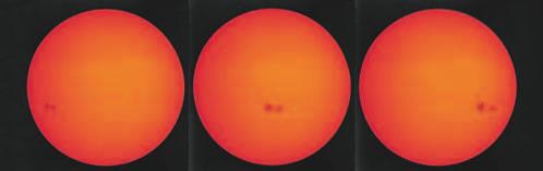 Figure 7 Sunspots are bright, but when viewed against the rest of the photosphere, they appear dark. Notice how these sunspots move as the Sun rotates. Describe the Sun s direction of rotation.