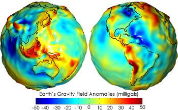 A gravity map of Earth (Cont d) Gravity anomaly maps show how much Earth's actual gravity field differs from gravity field of a uniform, featureless Earth