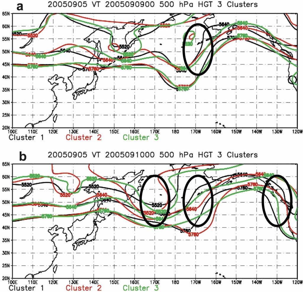 SEPTEMBER 2008 H A R R E T A L. 3221 FIG. 15. As in Fig. 11, but for the three-cluster solution for forecasts from 5 Sep that verify at (a) 0000 UTC 9 Sep and (b) 0000 UTC 10 Sep.