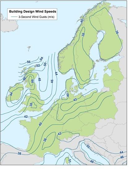 Figure 3. Building design wind gust speeds at a height of 10 meters (derived from EN 1991-1-4 [ABI, 2003]). Countries in green denote those included in the AIR Extratropical Cyclone Model for Europe.
