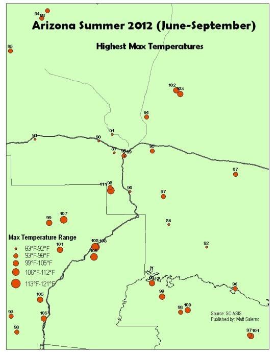 The Highest temperatures this summer occurred in the lowest elevation desert areas of Arizona along the western border of the state.