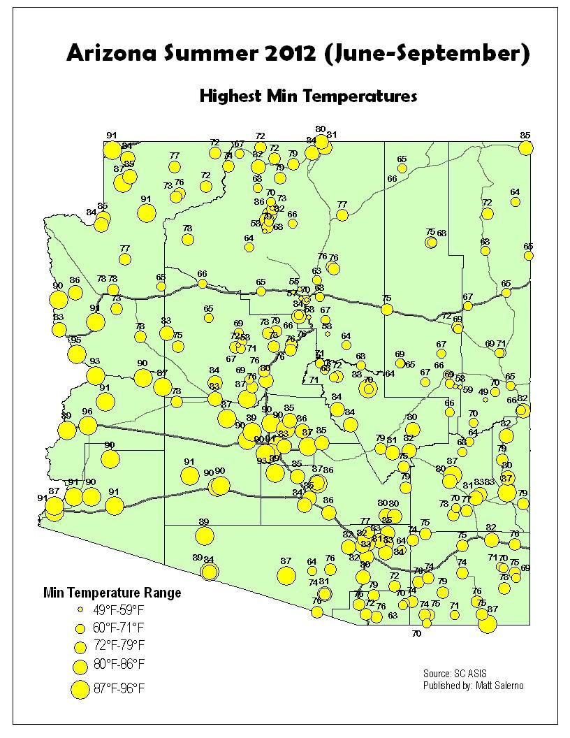 This summer s highest minimum temperatures exceeded 90 F at many locations.