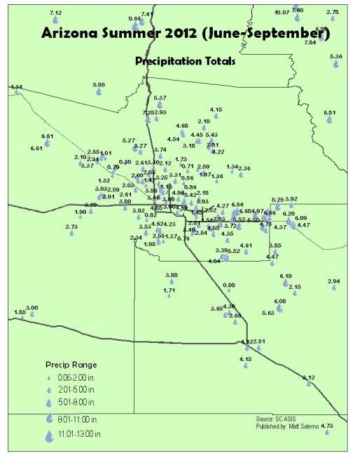 Tucson had many stations that recorded summer rainfall amounts over 5.