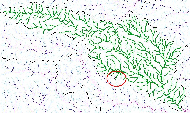 Zoom in on this location and use identify to determine the value of "Fac" at the point where this small stream "enters" the delineated