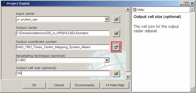 Double click on Project Raster to get the following form: The input raster is smdem_raw already added to ArcMap, name the output raster as smdem,