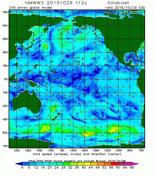 Actual forecast of surface winds Pacific surface wind forecast-hindcast, National Weather Service Environmental Modeling Center/NOAA, Public Domain, GIF by E.
