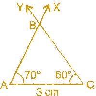 Answer 3: We know that the sum of angles of a triangle is 180. m A + m B + m C = 180 70 50 m C = 180 120 + m C = 180 m C = 180 120 m C = 60 To construct: ABC where m A = 70, m C = 60 and AC = 3 cm.