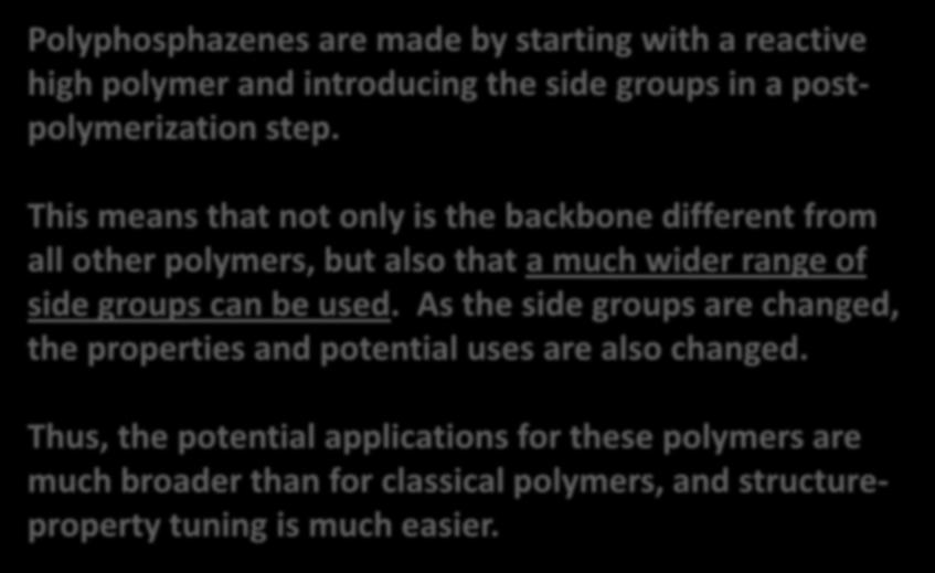 Polyphosphazenes are made by starting with a reactive high polymer and introducing the side groups in a postpolymerization step.