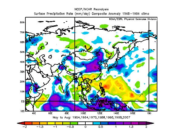 Looking to Asia, the years were drier than normal across southeast Asia north to southern China and east to the Philippines. The rest of Indonesia was west.