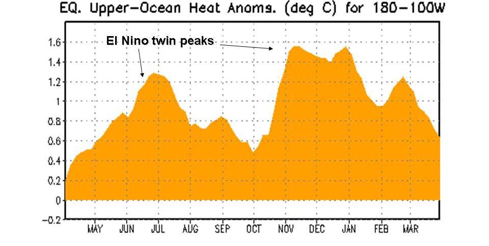 We can see in the heat content the last year, a peak last summer a fall decline and then a multi peak winter warming fed by westerly wind bursts