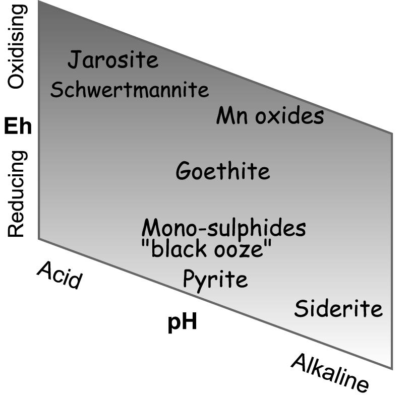 Minerals & regolith environments ph vs Eh (redox condition) Iron oxides, iron-sulfates, iron sulfides and carbonate minerals are indicators of ph and redox