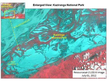 Fig-7 ResourceSat-2 image showing the detailed view of flood inundation around Kaziranga National Park area as on July 01, 2012. 6.