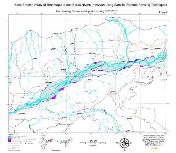 LISS-III satellite data having a spatial resolution of 23m and acquired during 2002 and 2010 were used for the bank erosion and deposition studyin the Brahmaputra and Barak Rivers in Assam.