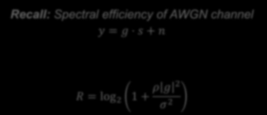 Basic Spectral Efficiency Expressions (2/3) Recall: Spectral efficiency of AWGN channel y = g s + n Constant gain Noise: CN(0, σ 2 ) Signal: CN(0, ρ) ρ g 2 R = log 2 1 + σ 2 h lm Stochastic uplink