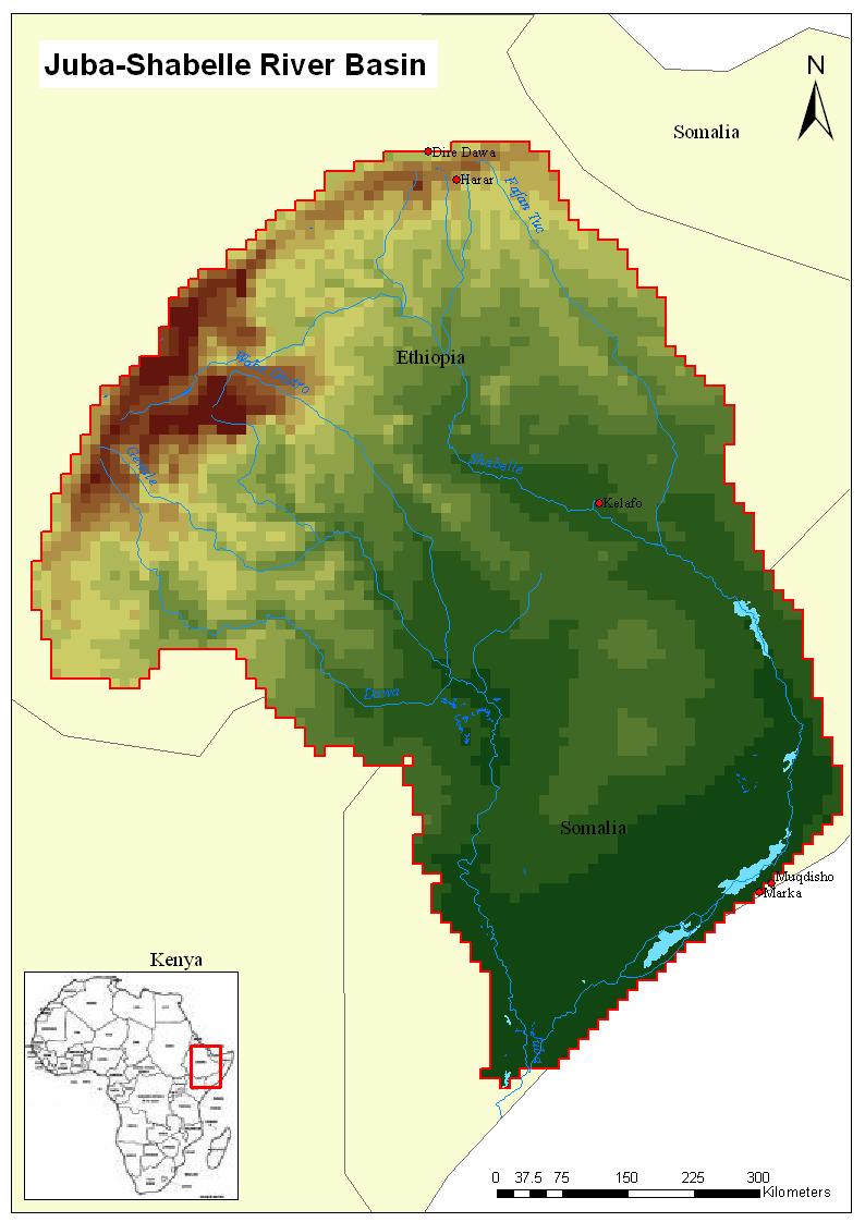 Juba-Shabelle River Basin shared between Ethiopia and Somalia 783000 km² Altitudes range from 3000 m to sea level mainly natural vegetation