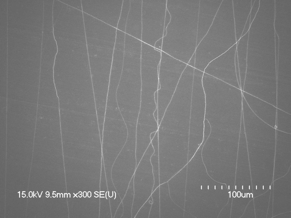 55 Fibers collected at 10 kilovolts had diameters ranging from 600 nanometers to 2 microns.
