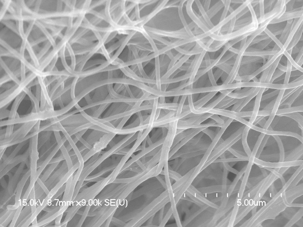 68 Fibers produced using a PEO solution concentration of 10 percent by weight had diameters ranging from 150 to 400 nanometers. Fibers have good consistency of diameters and are well structured.