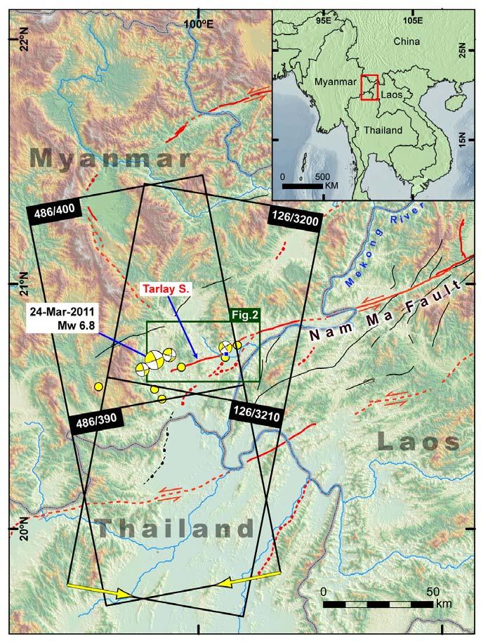 Figure 1. The March 24, 2011 Tarlay earthquake (Mw 6.8) occurred along the western edge of the Nam Ma fault system, located near the Myanmar-Laos boarder.