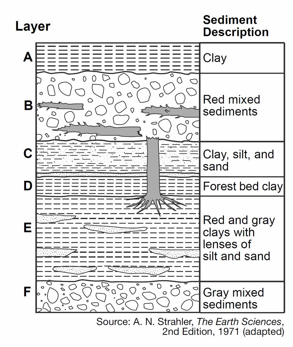 The cross section below shows layers of sediments deposited in a region of Wisconsin that has experienced several periods of glaciation.