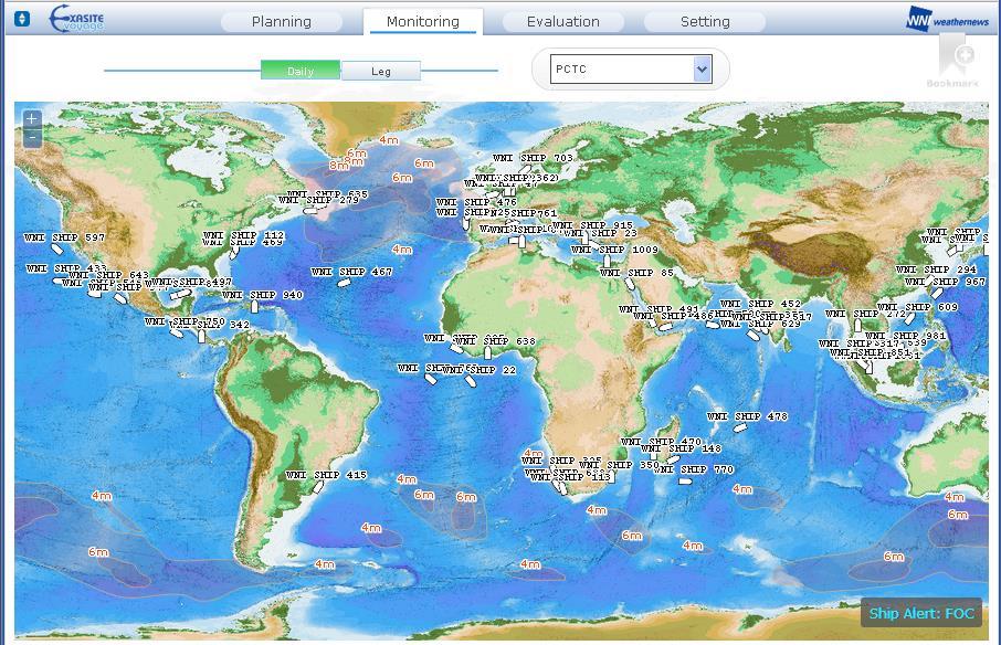 Fleet Display Fleet Display in the sub-menu shows your vessels locations with weather information on the world map.