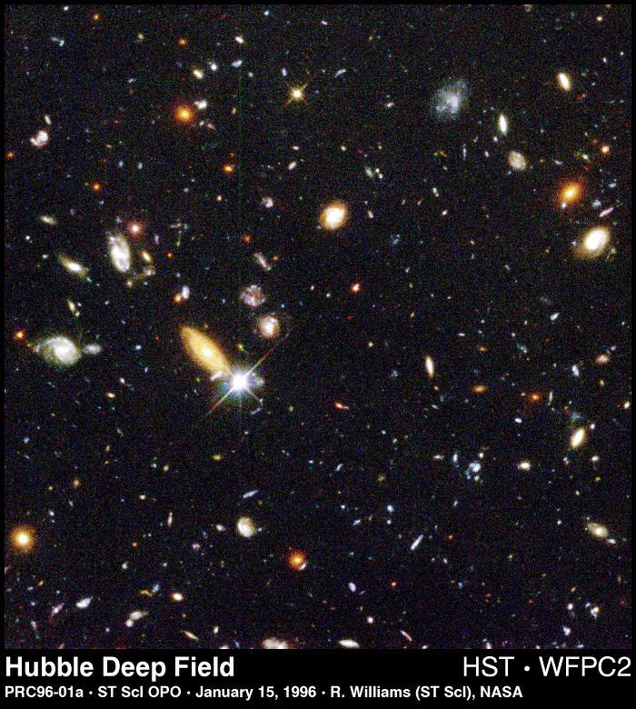 Hubble Deep Field Deep exposure of a region in Ursa major 7 sq arcmin in four