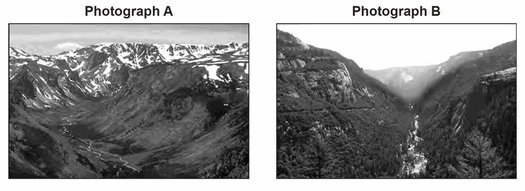 24. Photographs A and B below show two different valleys. Which list best identifies the agent of erosion that primarily determined the shape of each valley?