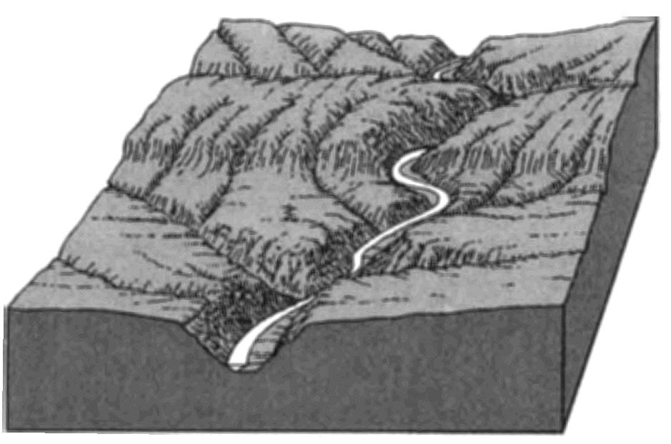 28. The block diagram below represents a stream flowing from a mountain region. 30. The diagram below shows a section of a meander in a stream. The arrows show the direction of stream flow.