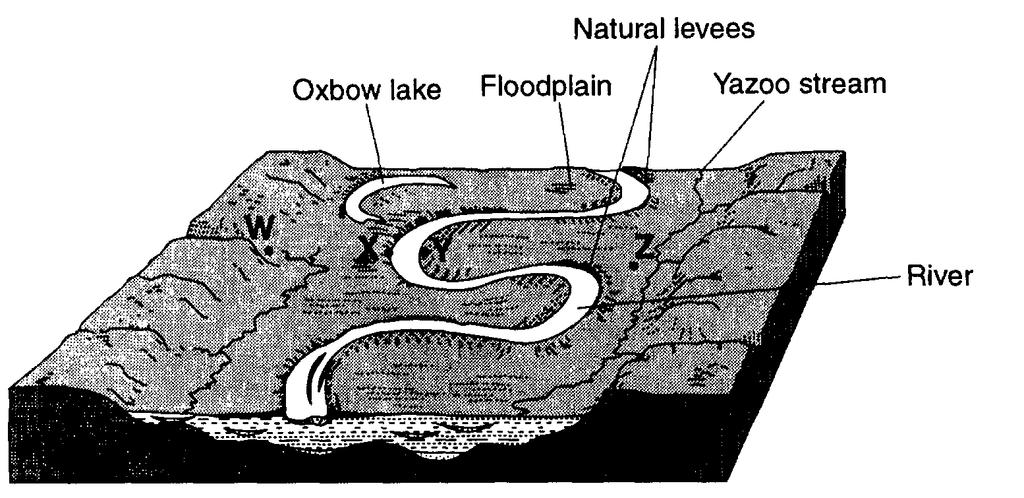 Base your answers to questions 32 and 33 on the diagram below, which represents the landscape features associated with a meandering river. Letters W, X, Y, and Z represent locations on the floodplain.