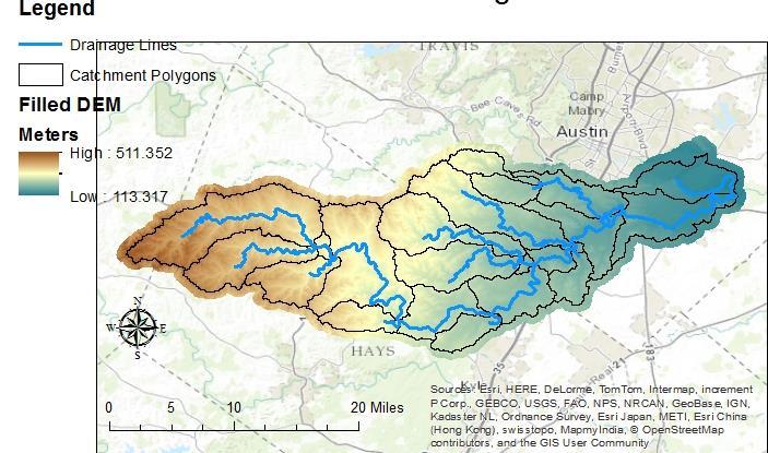 Figure 7 displays the stream link grid with catchments over the Onion Creek Watershed, with 23 subbasins generated (with each subbasin and stream having a unique color).