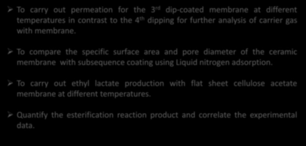 Further work will be carried out to investigate the following: To carry out permeation for the 3 rd dip-coated membrane at different temperatures in contrast to the 4 th dipping for further analysis