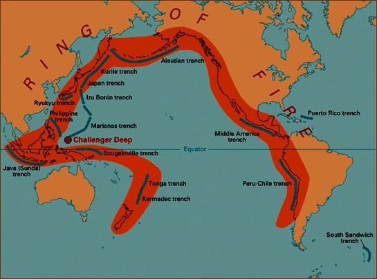 The Ring of Fire The Pacific Ring of Fire is an area of frequent earthquakes and volcanic eruptions. It is defined by the borders of the Pacific Tectonic Plate.