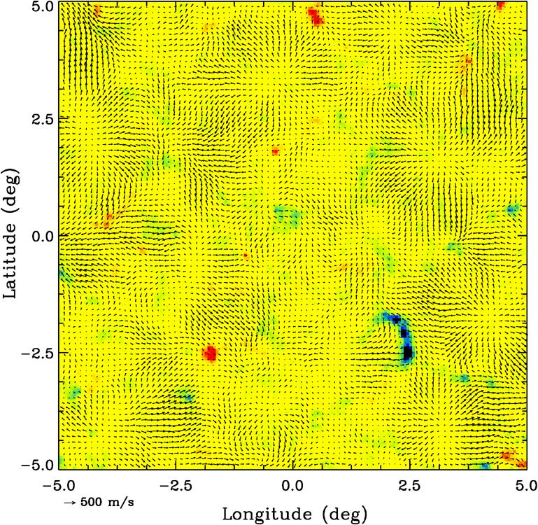 386 J. Zhao et al. Figure 5 A sample of subsurface horizontal flow fields with full spatial resolution at the depth of 0 1 Mm. This area is sampled at the center of the map shown in Figure 4.