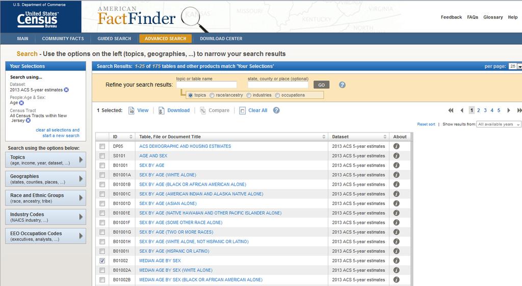 All available data tables are shown in the Search Results section.
