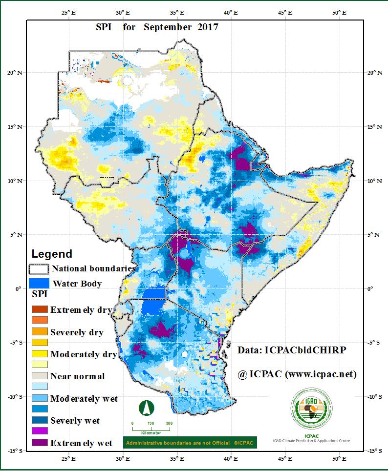 In September 2017, rainfall greater than less than 75% of the long term average was recorded in a few areas in eastern and southwestern parts of Sudan, northwester South Sudan, western Eritrea; in