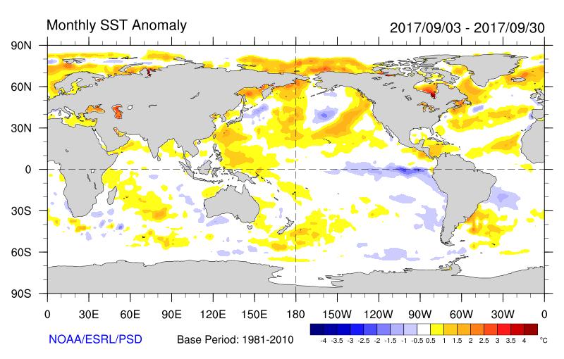 4. STATUS OF THE CLIMATE SYSTEMS The Sea Surface Temperature (SST) anomaly during the period 20 September September 16, 2017 showed that over central equatorial Pacific Ocean stretching towards the