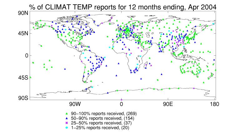 Reception of monthly CLIMAT TEMP reports from radiosonde stations worldwide, May 2003 through April 2004 (Courtesy Mark McCarthy, Hadley Centre, Met Office, UK).