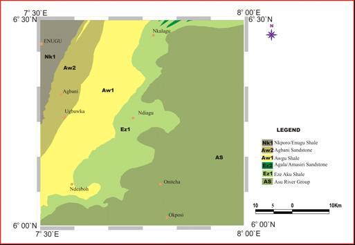 Fig.1: Geology Map of the Nkalagu area(adapted from Nigerian Geological Survey map, sheet 302) The Santonian deformation was characterized by compressive folding, generally along a NE-SW direction,