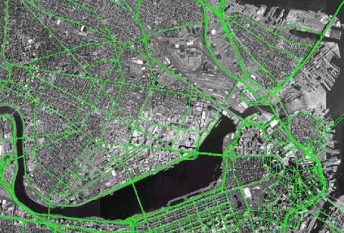 Boston/Cambridge Streets superimposed on orthophoto. Zoomed-in view shows raster nature of the ortho.