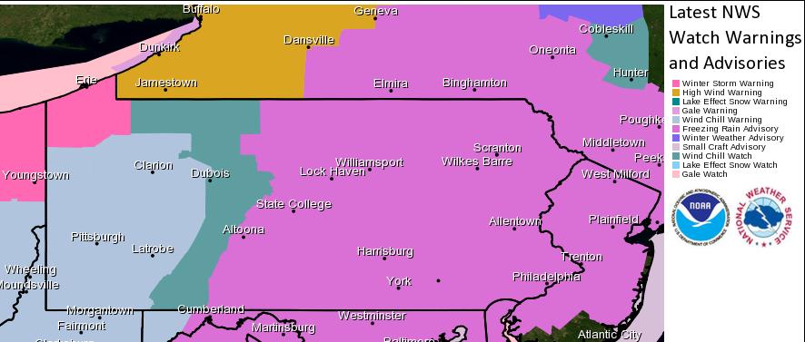 Summary of Watches and Warnings Freezing Rain advisory eastern half of the state Through early evening Generally a one to two tenths of an inch of ice Wind Chill Warning western Pa Monday afternoon -