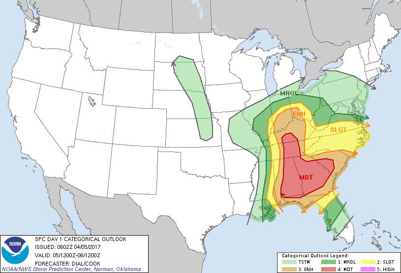 Federal Response Region VII RWC at Watch/Steady State; RRCC not activated Severe Weather Forecast - Southeast: An outbreak of severe thunderstorms is likely today across much of the Southeast,