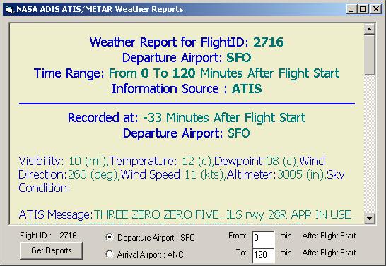 When the Get Reports button is clicked, flight-related weather and ATIS information