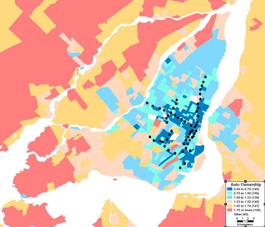 Geography and automobile ownership Let s return to our basic question whether there is a spatial variation in car ownership in a metropolis such as Montréal.