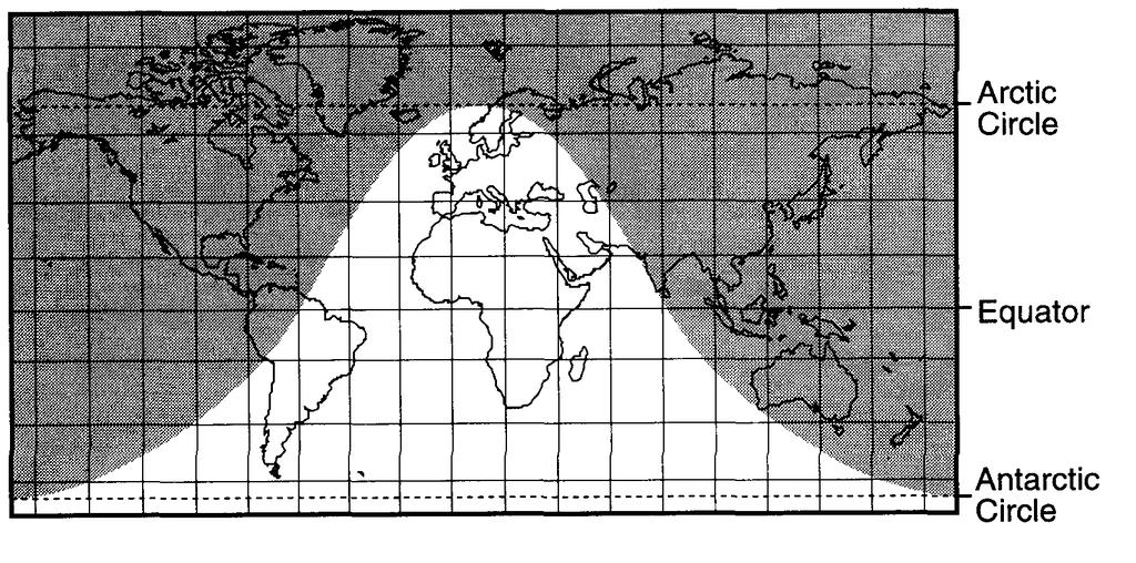 5. The shaded portion of the map below indicates areas of night and the unshaded portion indicates areas of