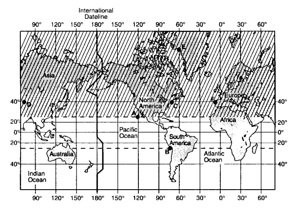 76. In which map does the shaded area correctly represent the part of Earth that receives