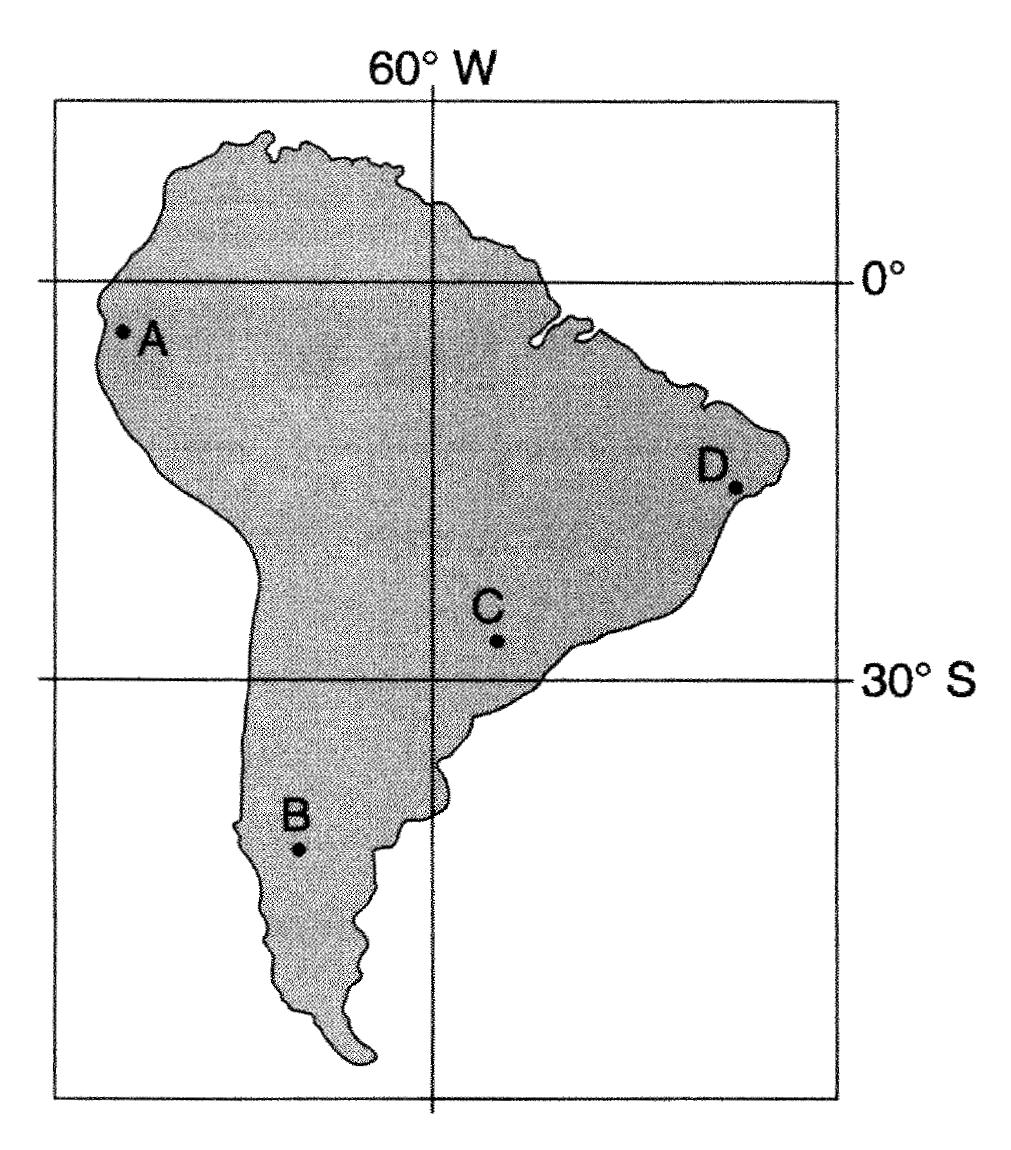 103. The map below shows four locations, A, B, C, and D, on the continent of South America. Which location is the first to experience sunset on September 23? A) A B) B C) C D) D 104.